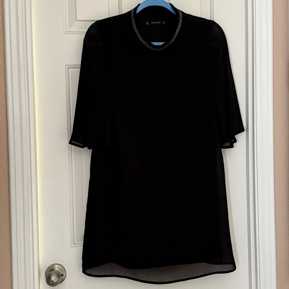 Zara Basic Black Top with Silver Metallic Trim – Size XS